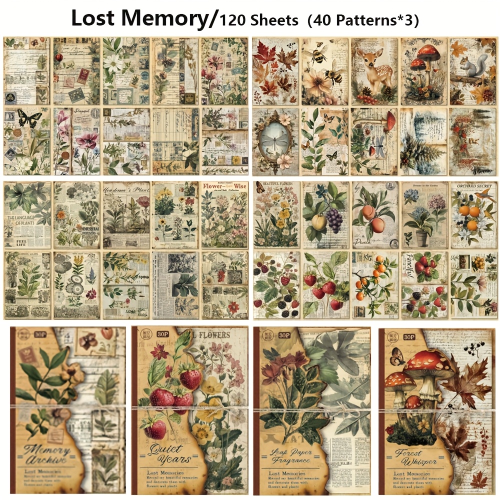 TEMU 120 arkuszy papieru do scrapbooka w stylu vintage z kwiatami - Nieprzywierający dekoracyjny w dużych rozmiarach do samodzielnej produkcji