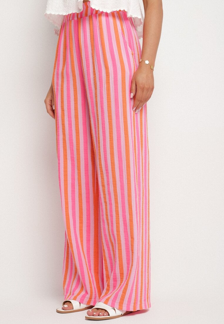 Pomarańczowe Muślinowe Szerokie Spodnie z Bawełny w Paski z Wysokim Stanem Mavelinee