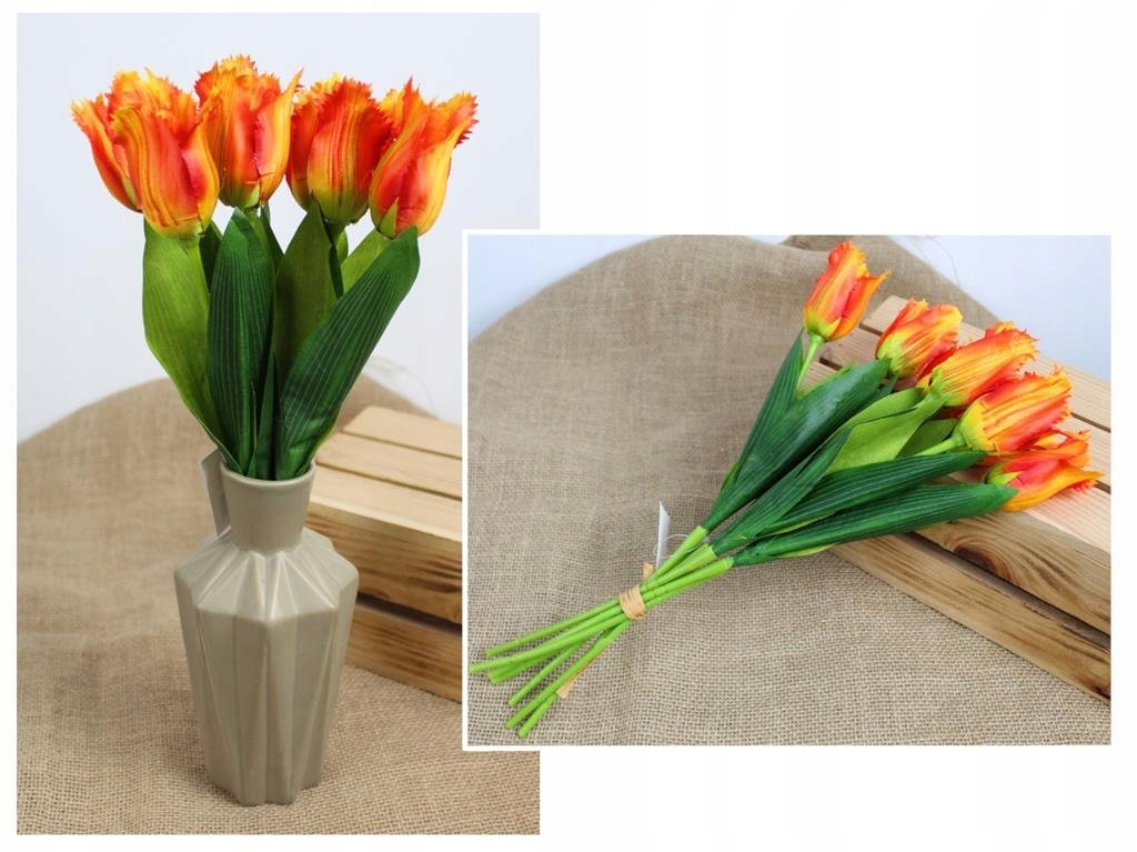 Bukiet sztuczny tulipan papuzi 39cm, 7 kwiatów, pomarańczowy