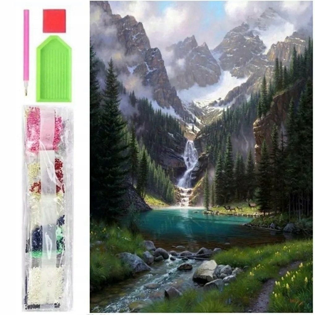 Haft diamentowy 5D Wodospad mozaika obraz jezioro góry wzgórze 30x40