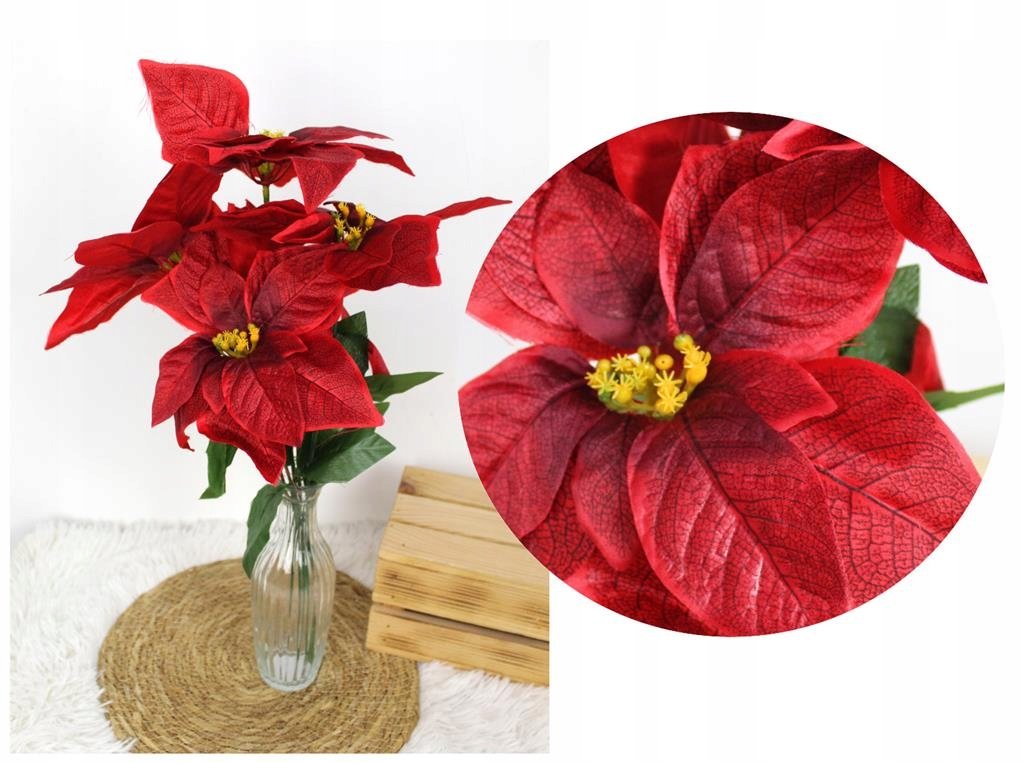 Bukiet sztuczny poinsecja 5 kwiatów, czerwona, cieniowana, 50cm.