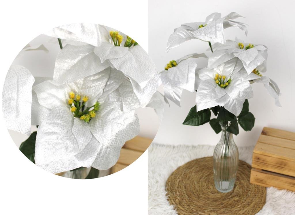Bukiet sztuczny poinsecja SREBRO, 5 KWIATÓW, 50CM