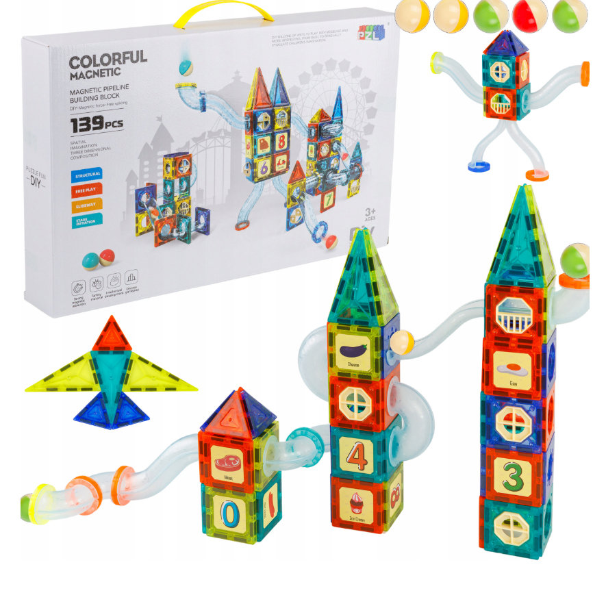 Klocki magnetyczne tor kulkowy duży zestaw zamek 139 el. 9922B
