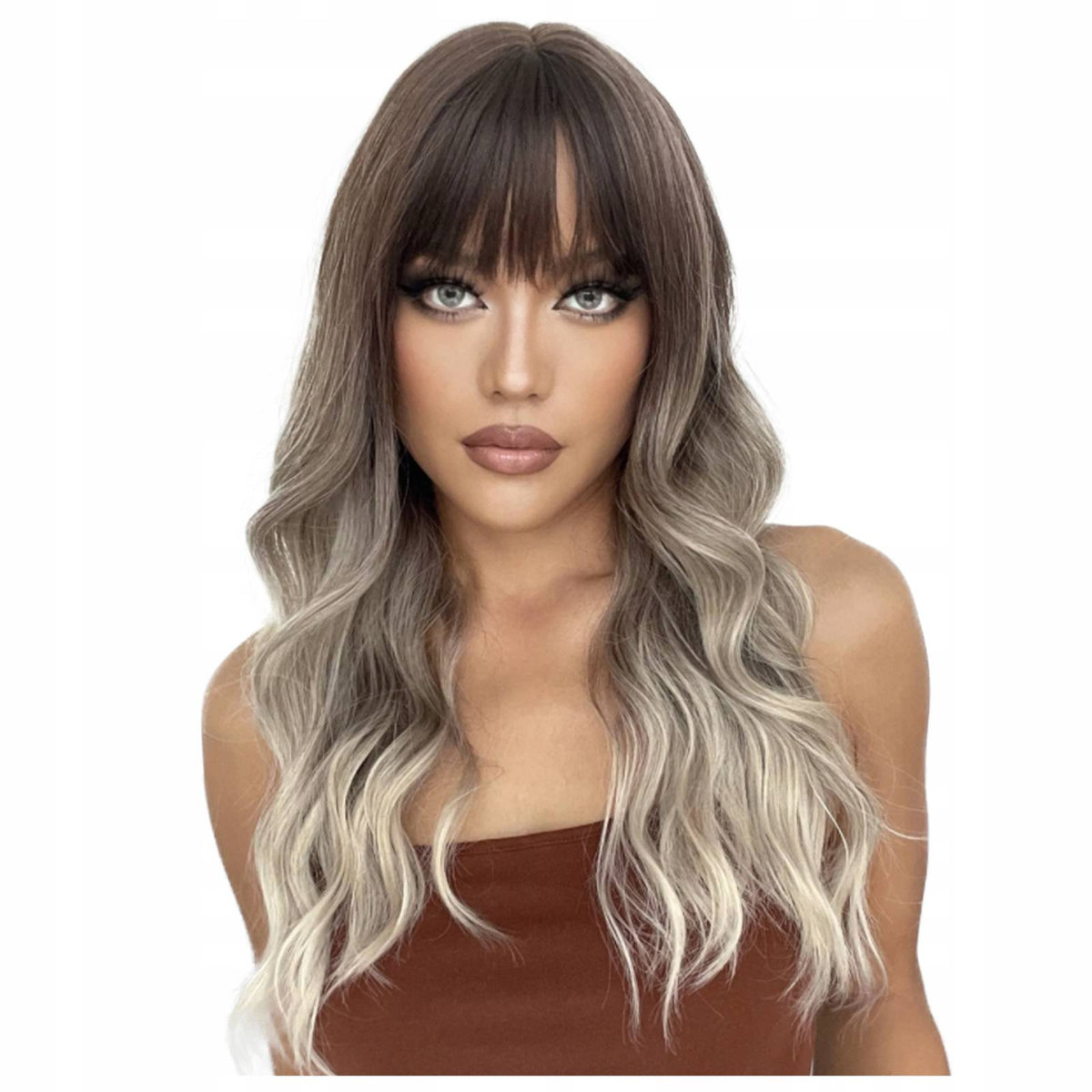 Peruka z grzywką brąz blond ombre