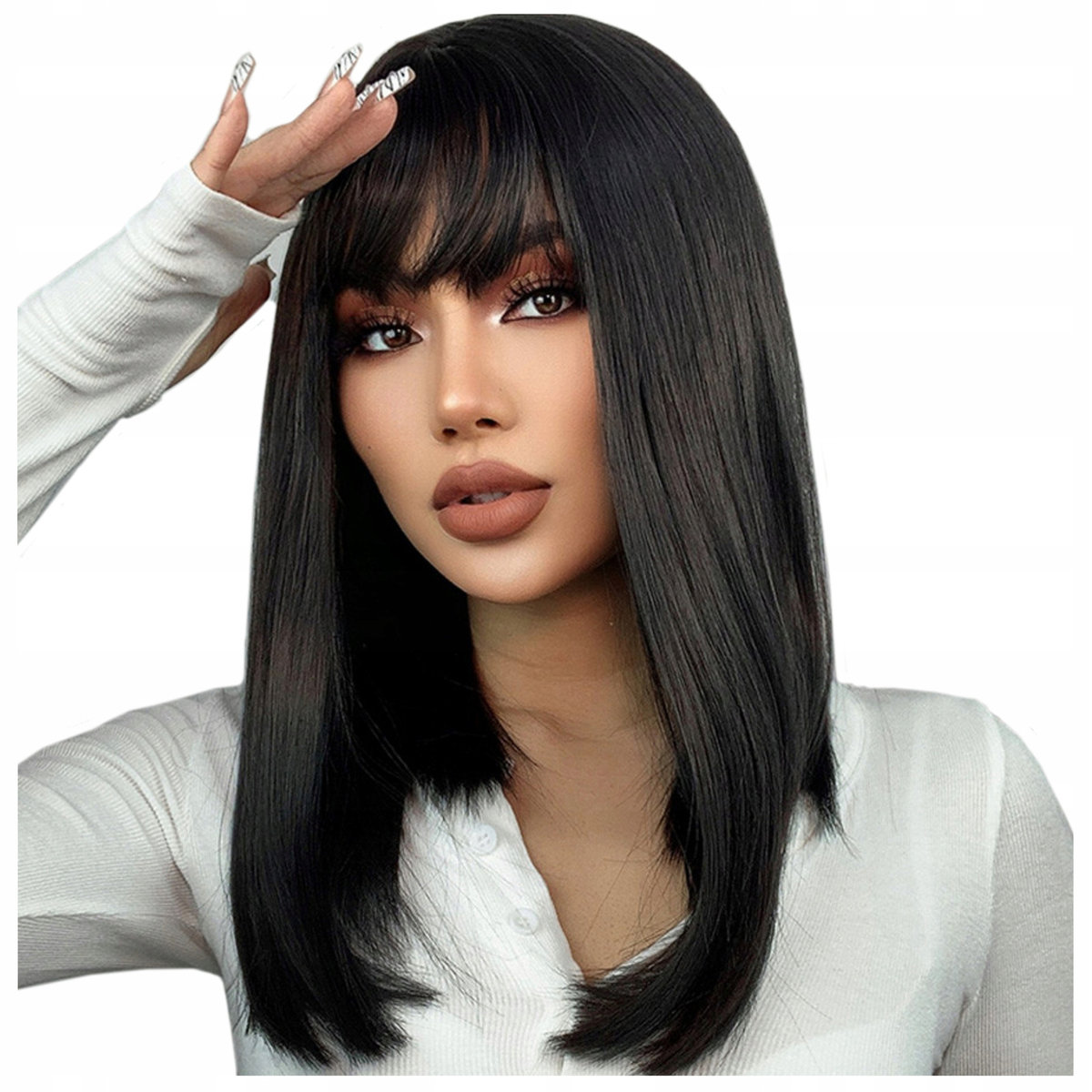 Peruka do ramion prosta czarna grzywka