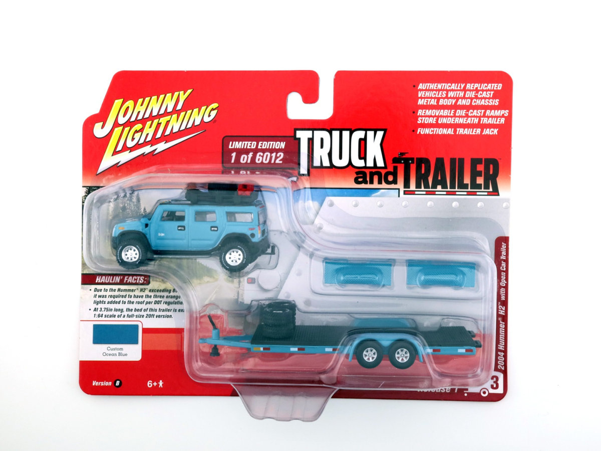 JOHNNY LIGHTNING 2004 Hummer H2 & Open Car Trailer Custom Ocean Blue