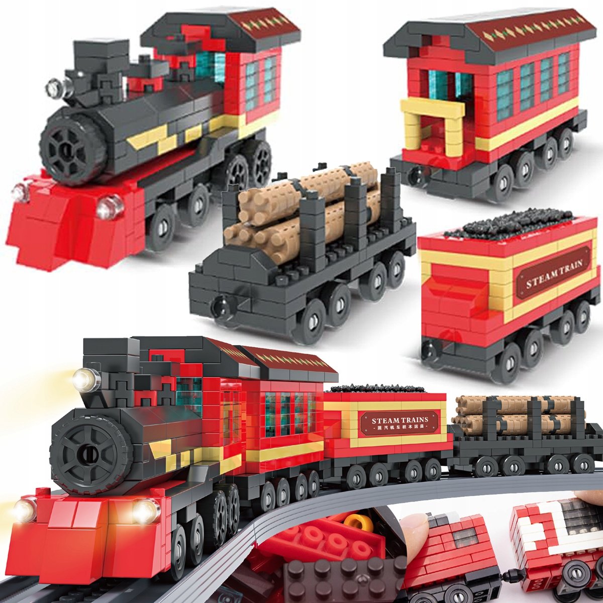 KLOCKI POCIĄG LOKOMOTYWA KOLEJKA Z WAGONAMI CIUCHCIA TORY 650 ELEMENTÓW