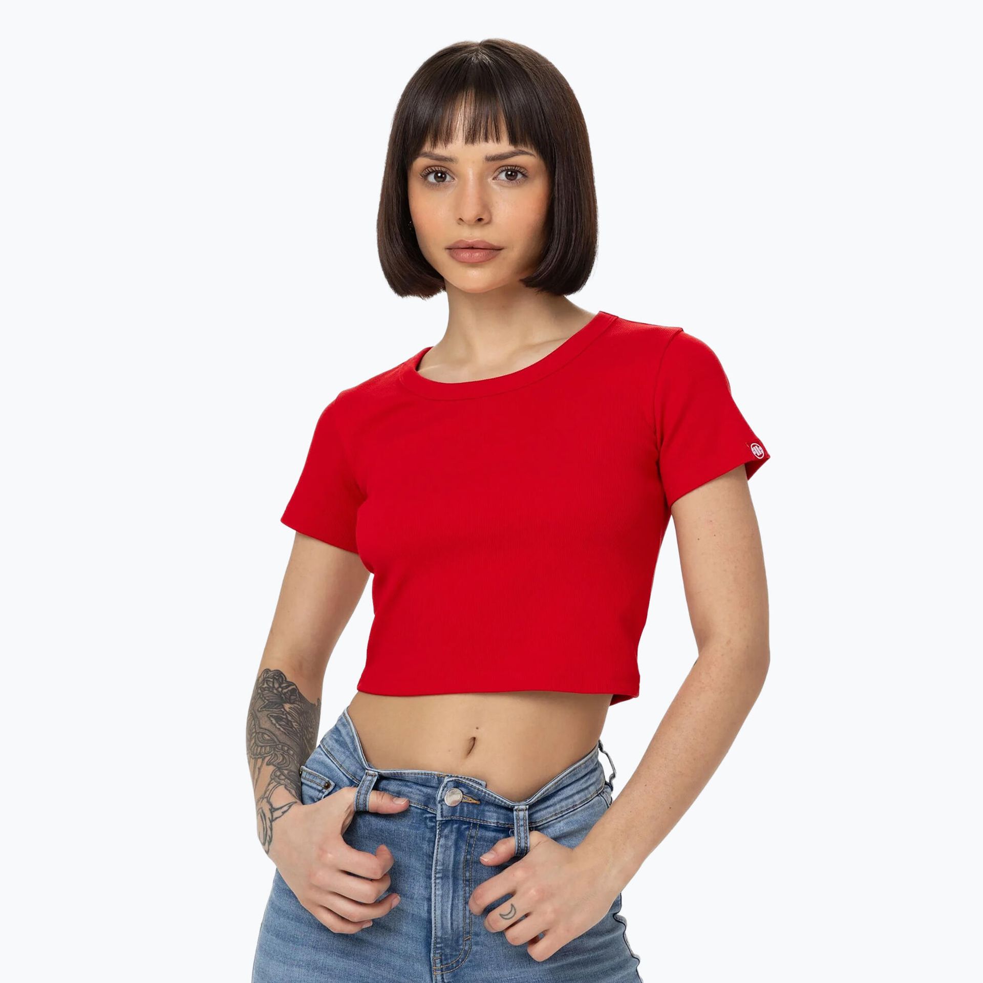 PITBULL KOSZULKA damska Heavy Weight 300 Rib Cropped T-Shirt '25 - Czerwona  (40)