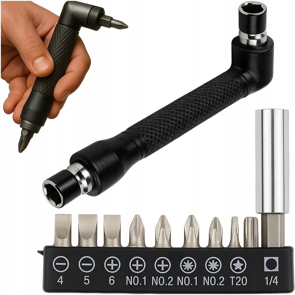 ZESTAW KĄTOWY UCHWYT WKRĘTAK DO BITÓW 1/4 + 10x BITY