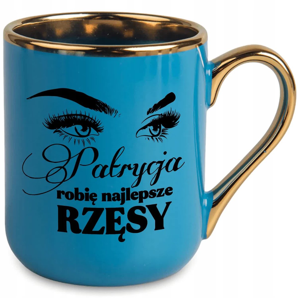 KUBEK 330ML NIEBIESKI UCHO RANT ZŁOTY PREZENT DLA STYLISTKI RZĘS TWOJE IMIĘ