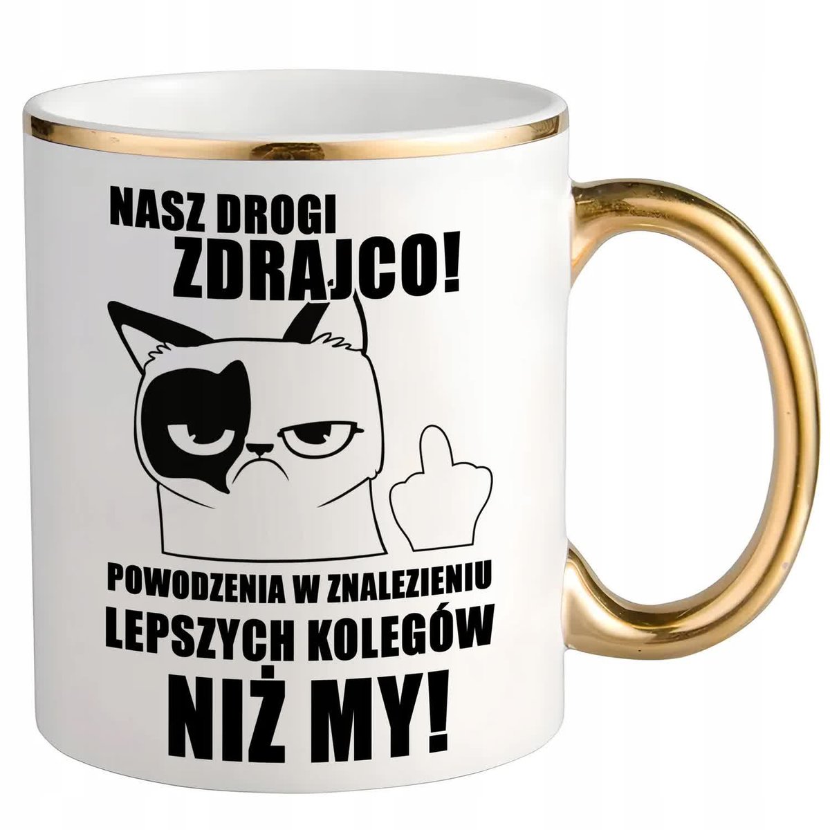 KUBEK BIAŁY UCHO RANT ZŁOTY DLA KOLEŻANKI NA PREZENT DO PRACY POŻEGNANIE WZ