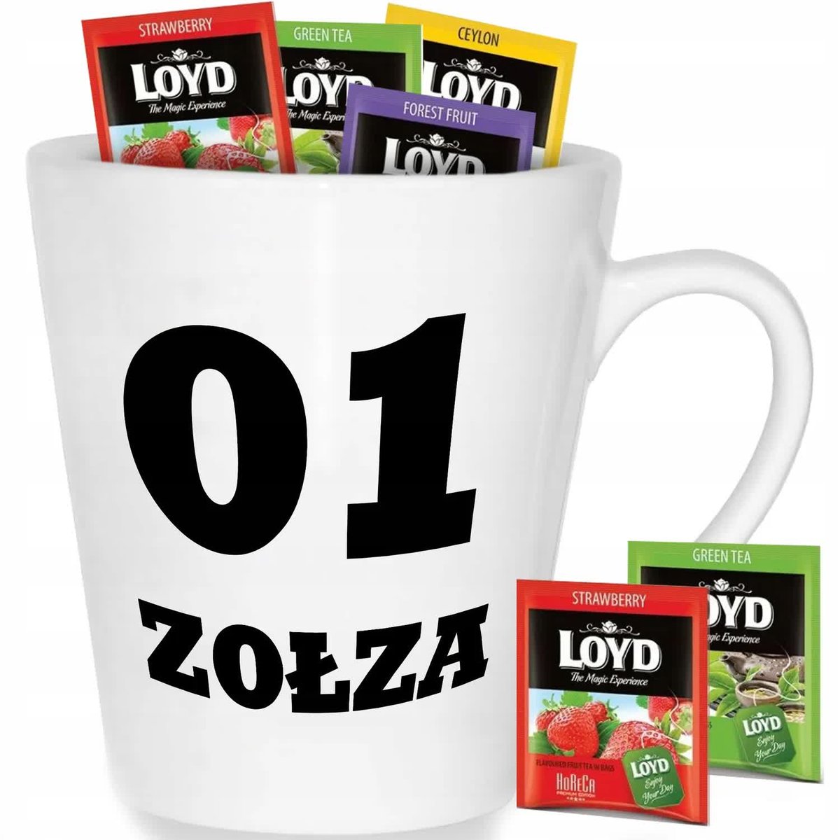 Kubek Biały Latte 01 ZOŁZA Wzory + 8 Herbat Loyd