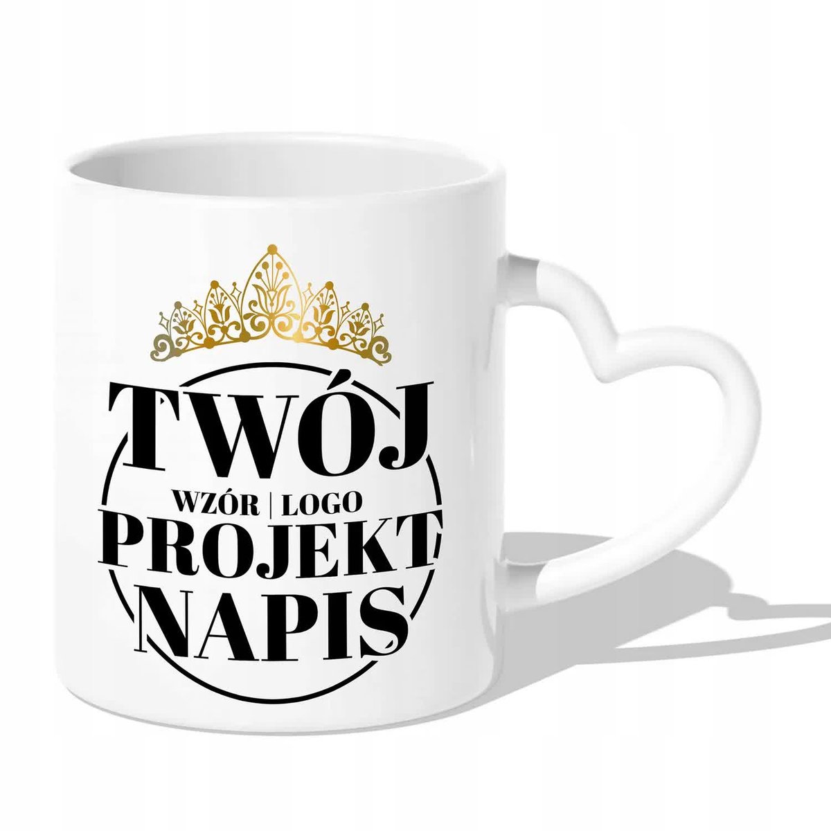 KUBEK BIAŁY UCHWYT SERCE GRAFIKA LOGO PROJEKT WZÓR