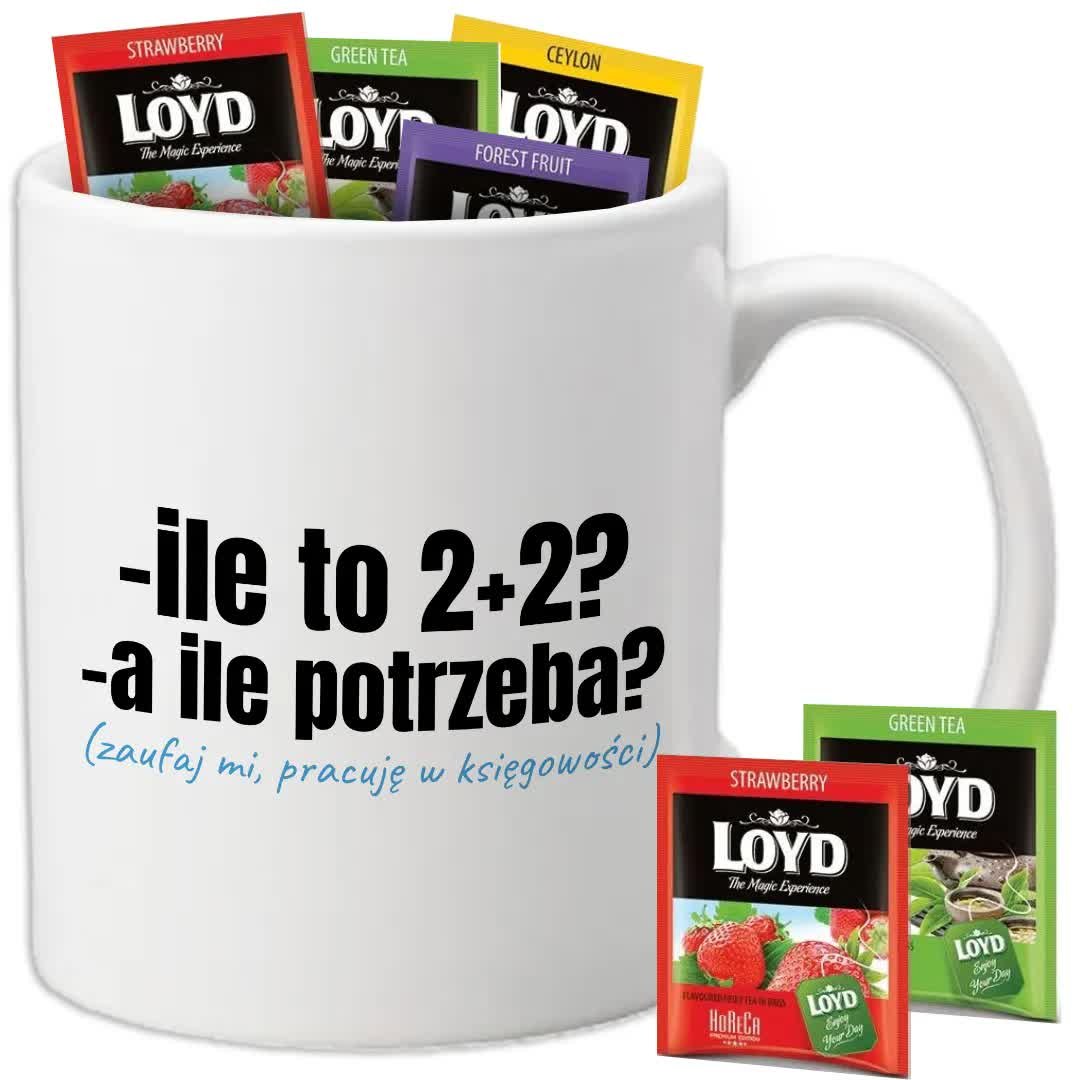Kubek Biały ILE TO 2+2? A ILE POTRZEBA? + 8 Herbat Loyd Śmieszne Wz