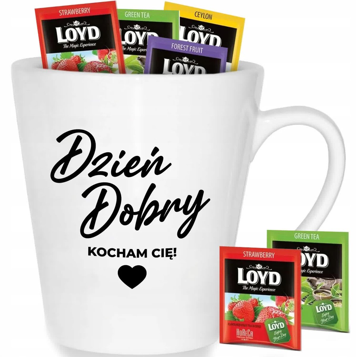 Kubek Biały Latte DZIEŃ DOBRY KOCHAM CIĘ Wzory + 8 Herbat Loyd