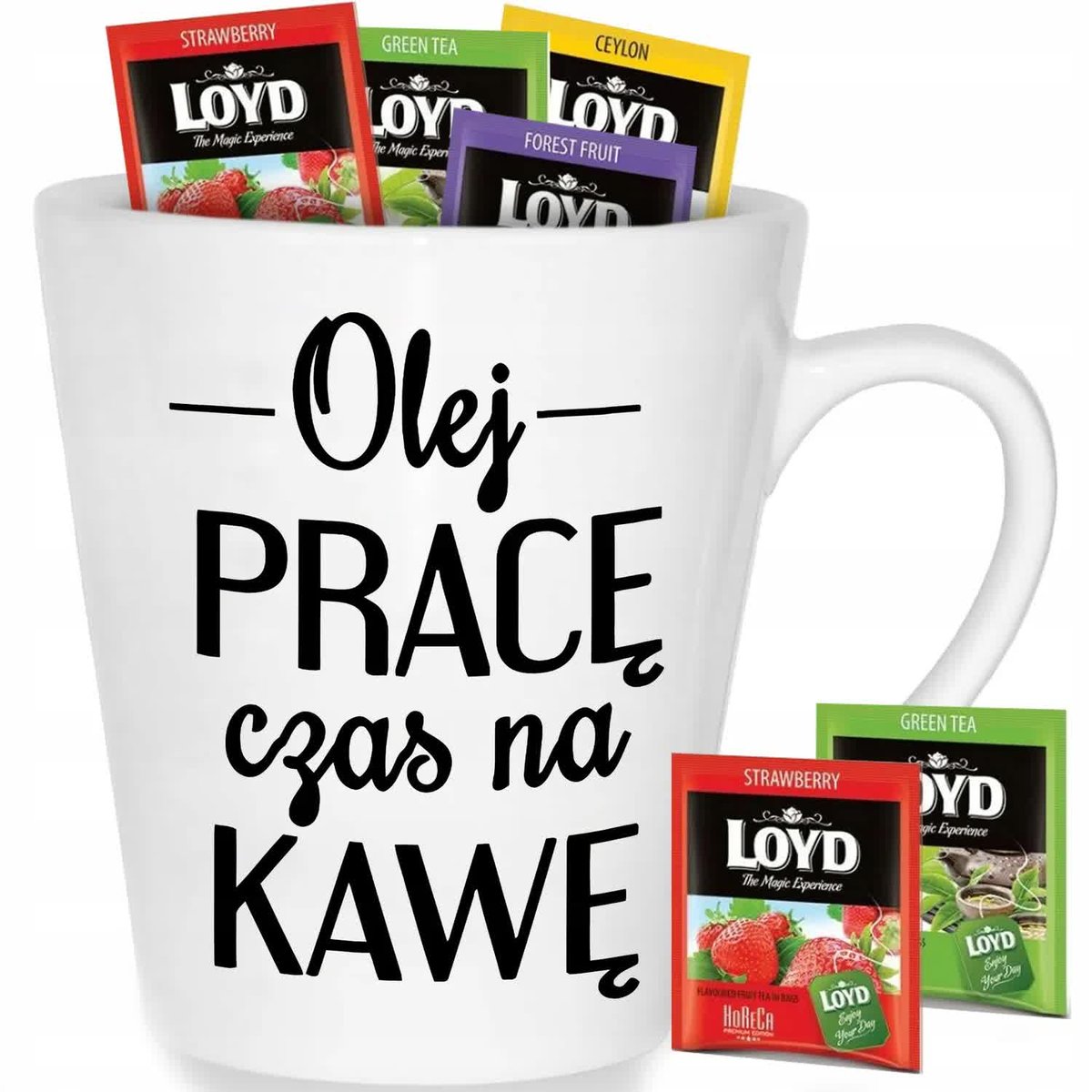 Kubek Biały Latte CZAS NA KAWĘ Na Prezent Wzory + 8 Herbat Loyd