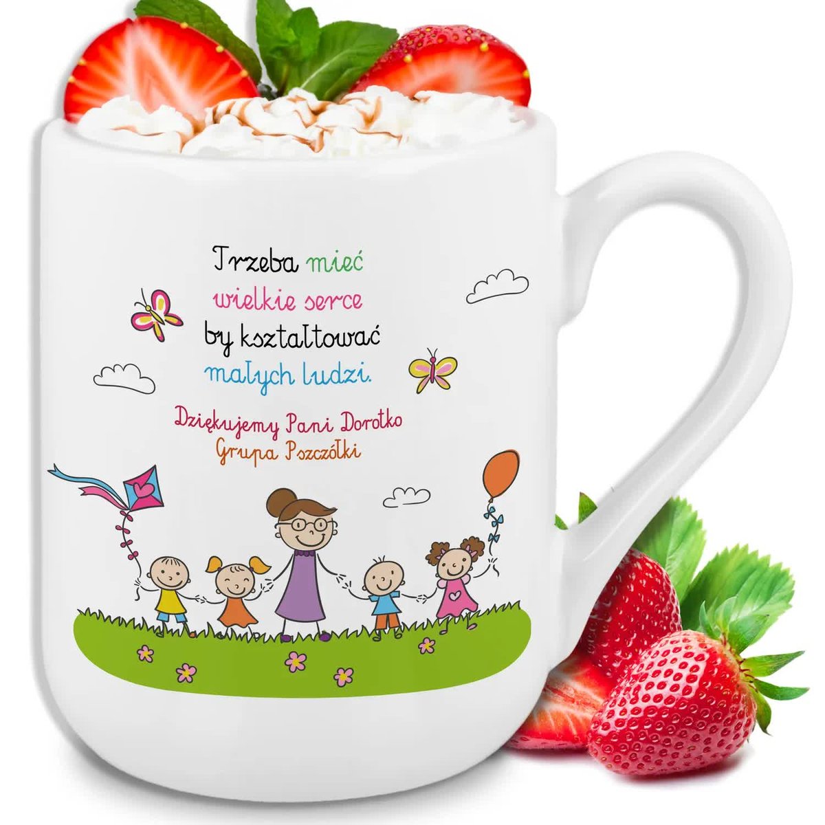 KUBEK BIAŁY PREZENT DLA PRZEDSZKOLANKI NA ZAKOŃCZENIE ROKU SZKOLNEGO IMIĘ