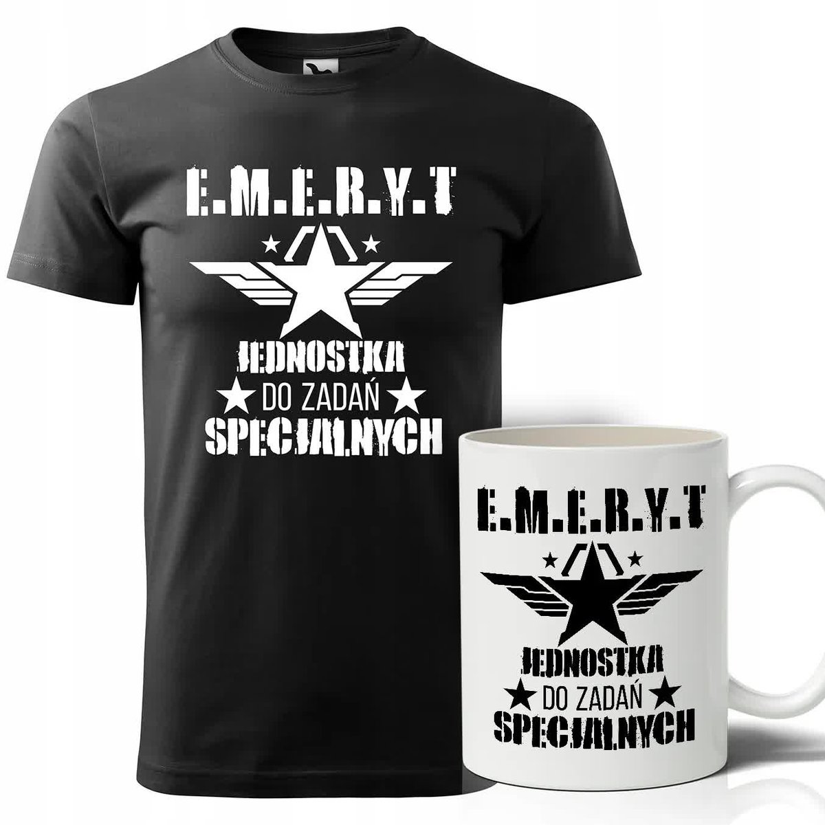 ZESTAW CZARNA KOSZULKA BIAŁY KUBEK IDELANY PREZENT DLA EMERYTA ROZMIAR - M