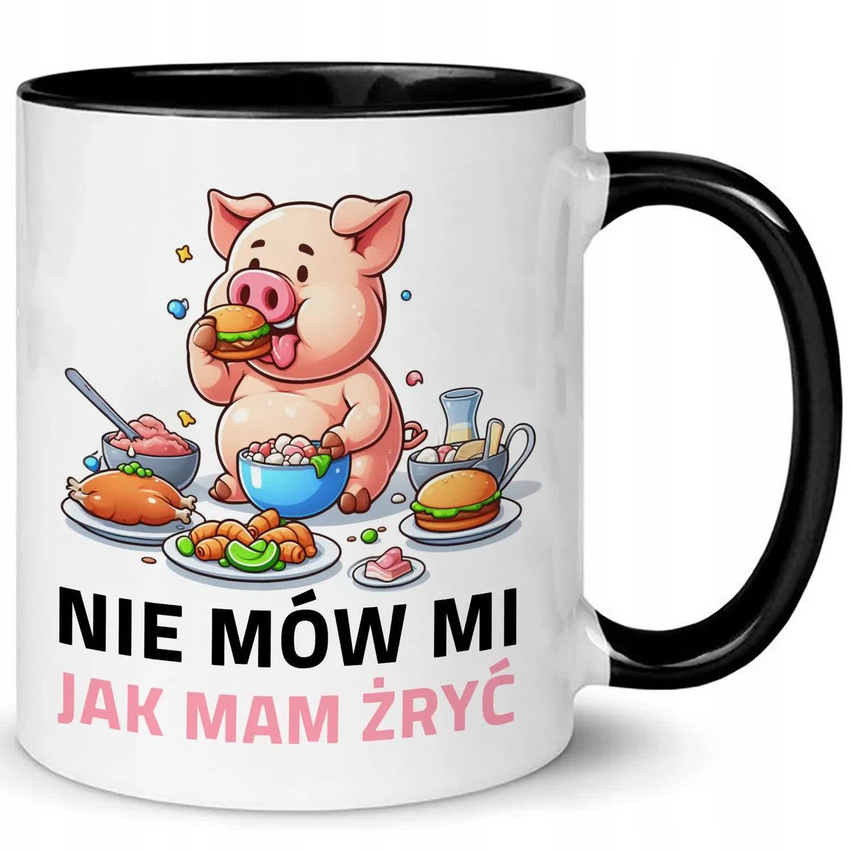 KUBEK CZARNE WNĘTRZE UCHO SUPER PREZENT UROCZY NIE MÓW MI JAK MAM ŻRYĆ WZ