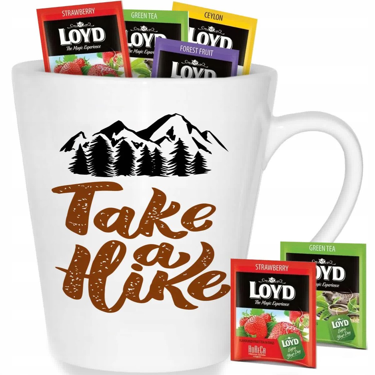 Kubek Biały Latte TAKE A HIKE Na Prezent Wzory + 8 Herbat Loyd
