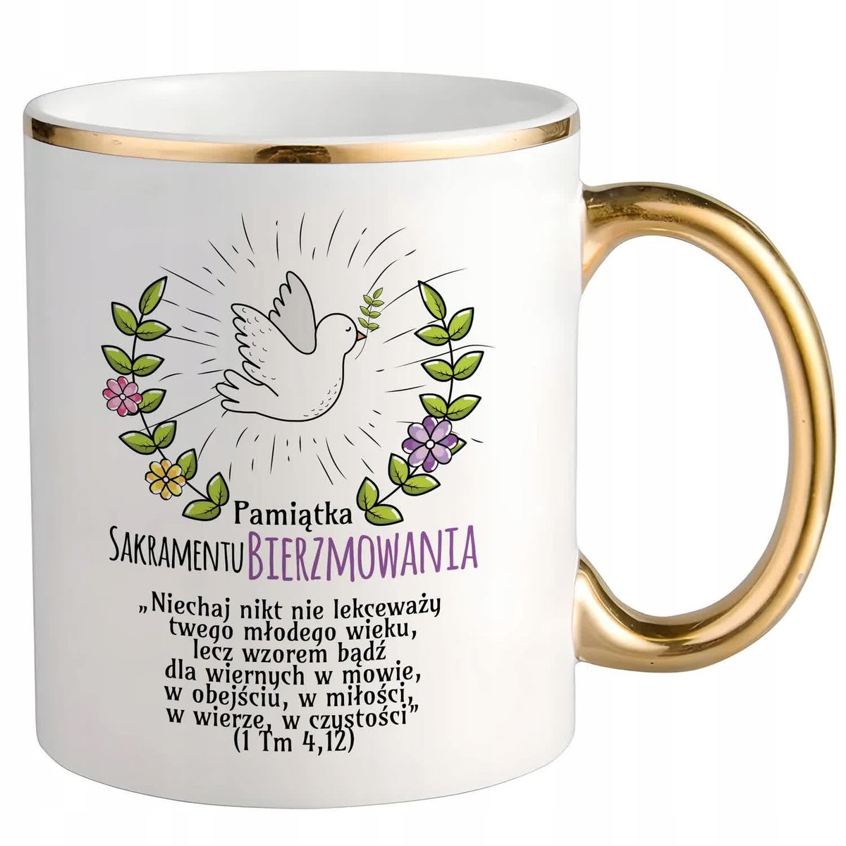 KUBEK BIAŁY PREZENT PAMIĄTKA SAKRAMENTU BIERZMOWANIA BIBLIA CYTATY WZORY