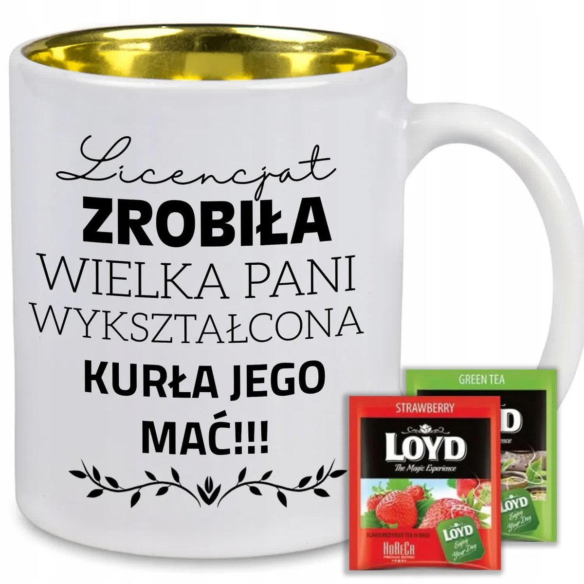 KUBEK BIAŁY WNĘTRZE ZŁOTE BŁYSZCZĄCE PREZENT OBRONA LICENCJAT+ LOYD 8 szt.