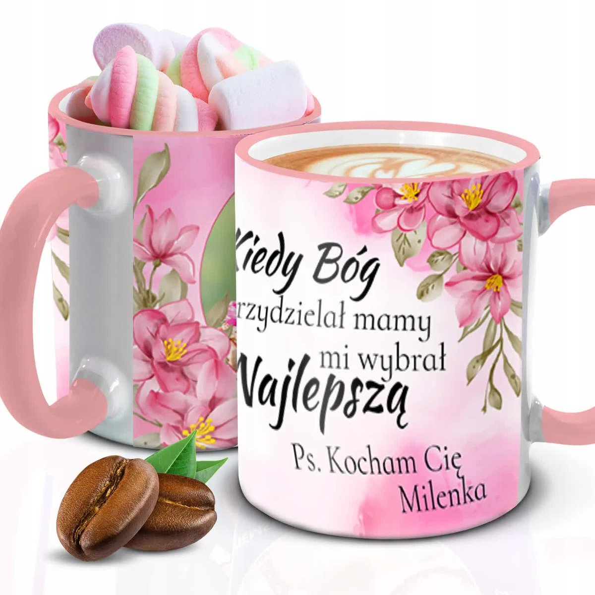 Kubek z Piankami BÓG WYBRAŁ MAMĘ IMIĘ Biało Różowy Kreator