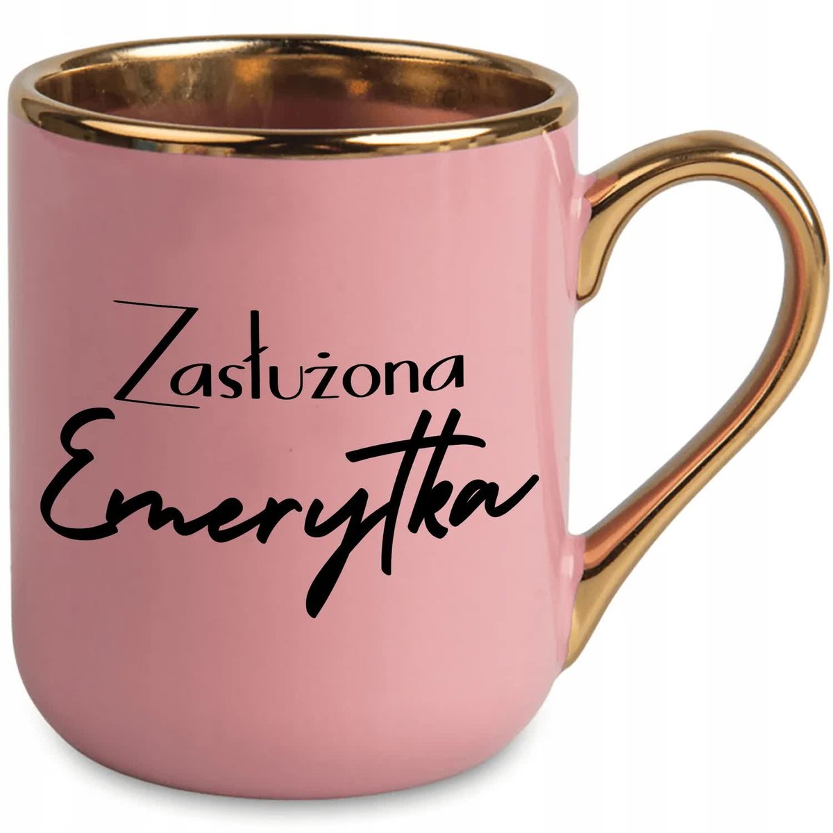 Kubek Elegant Różowy Ucho Rant Złoty Prezent dla Zasłużonej Emerytki Wzór