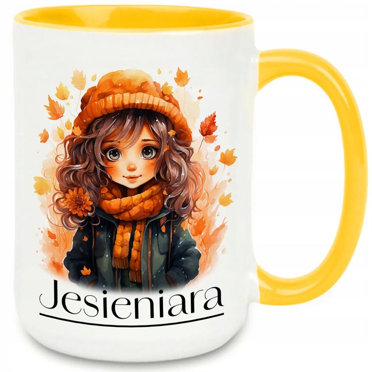 KUBEK XXL 450 ML BIAŁY UCHO WNĘTRZE ŻÓŁTE PREZENT DLA JESIENIARY CERMIKA WZ