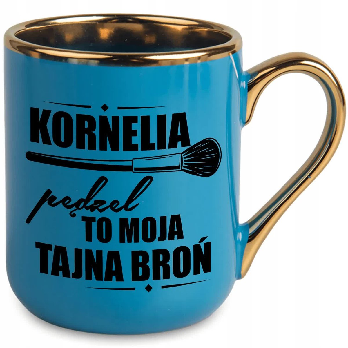 KUBEK 330 ML NIEBIESKI UCHO RANT ZŁOTY PREZENT DLA WIZAŻYSTKI TWOJE IMIĘ