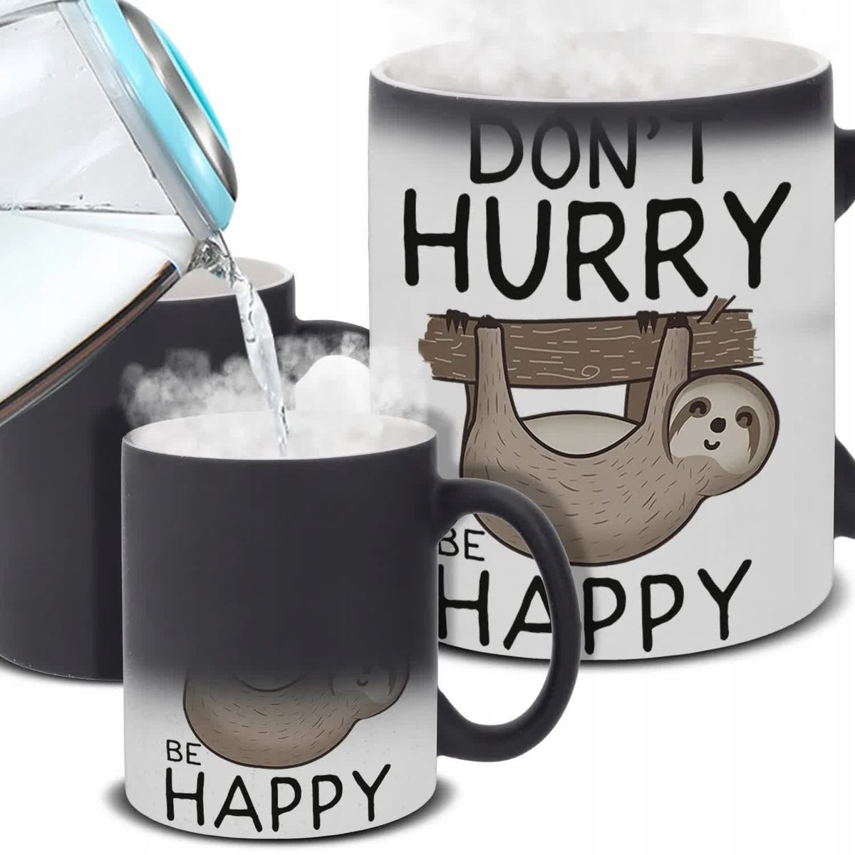 Kubek Magiczny Czarny BE HAPPY Zmieniający Kolor HIT Zabawne Wzory
