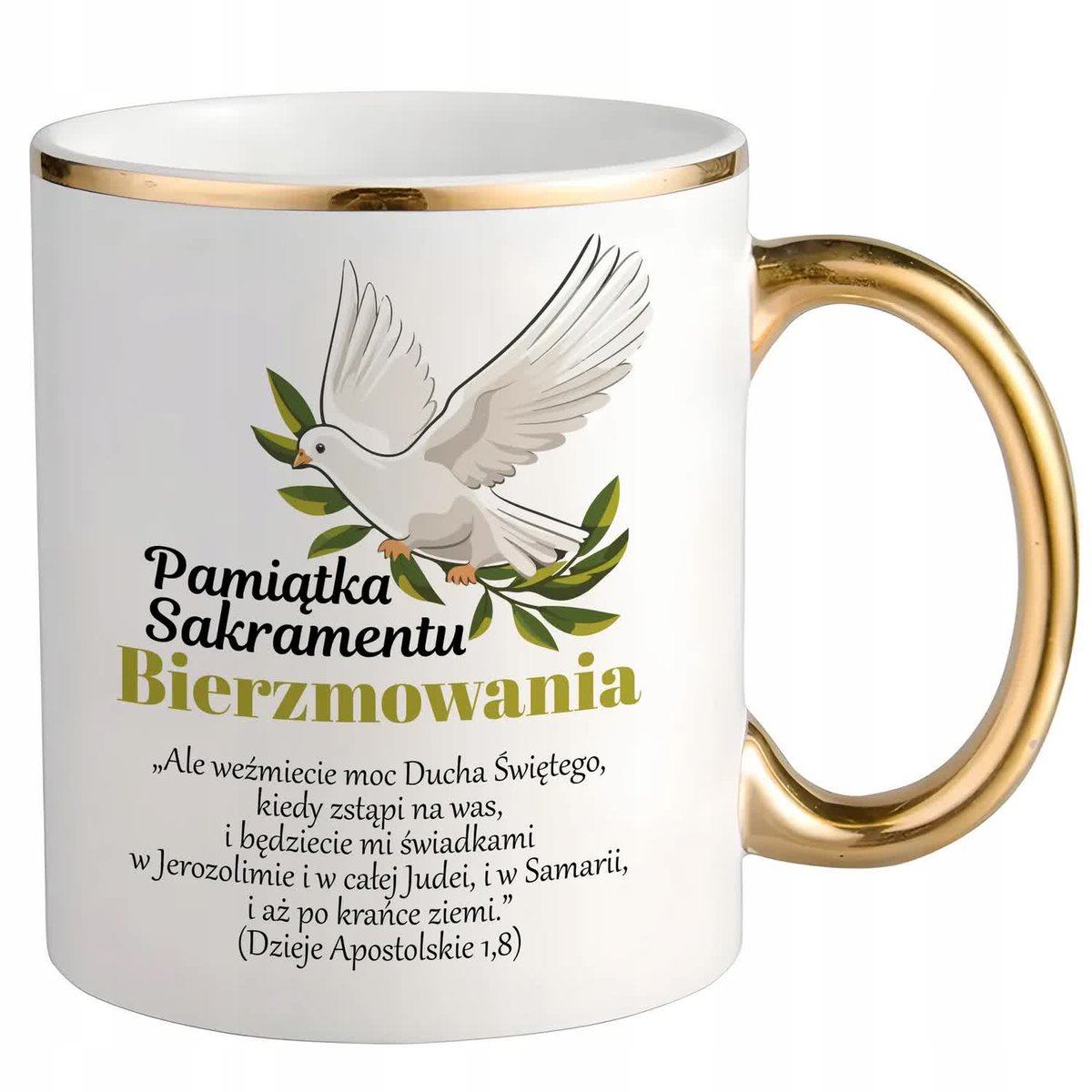 KUBEK BIAŁY PREZENT PAMIĄTKA SAKRAMENTU BIERZMOWANIA CYTATY BIBLIA WZORY