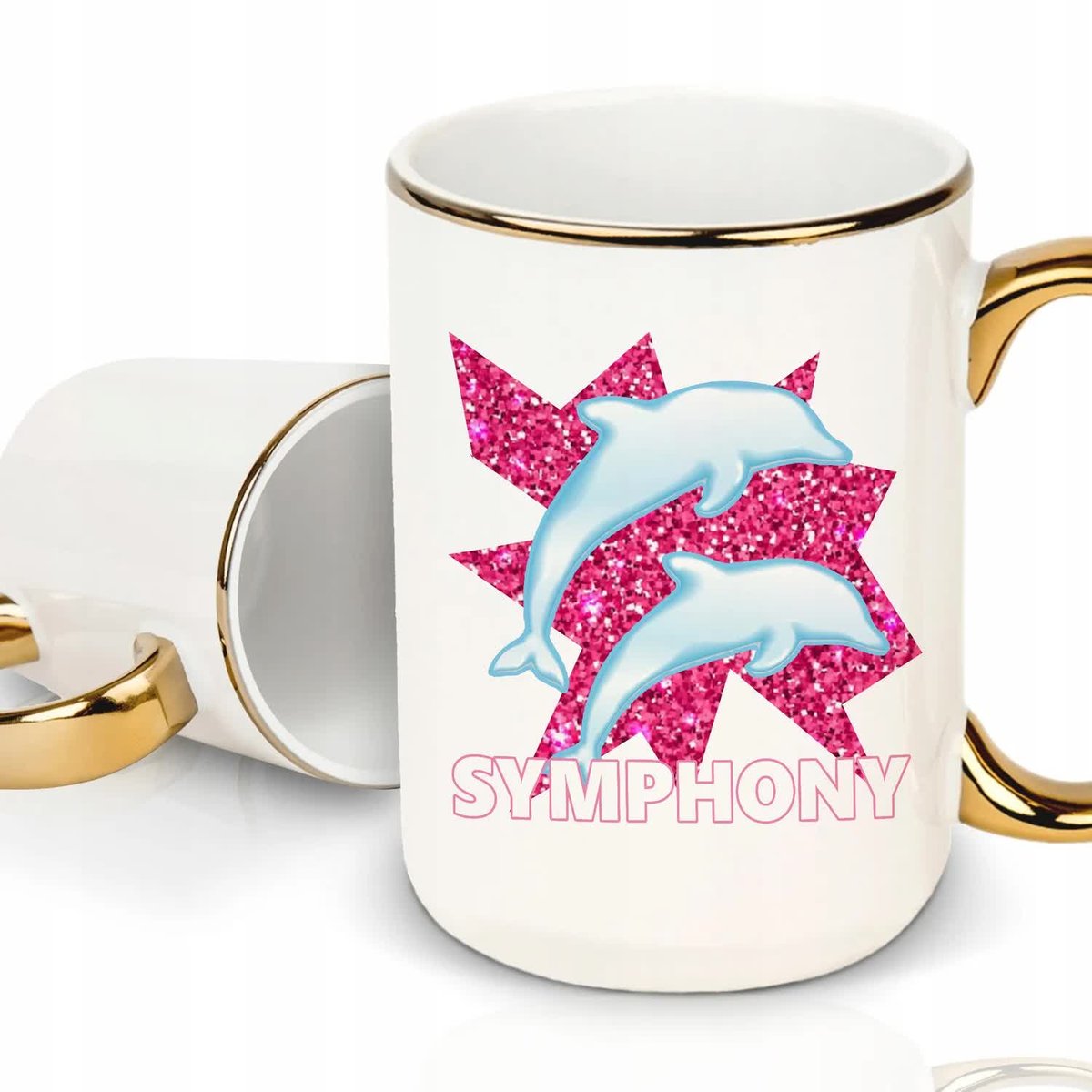 Kubek XXL Biały Rant Ucho Złote SYMPHONY DOLPHIS Delfiny Trend Wzory