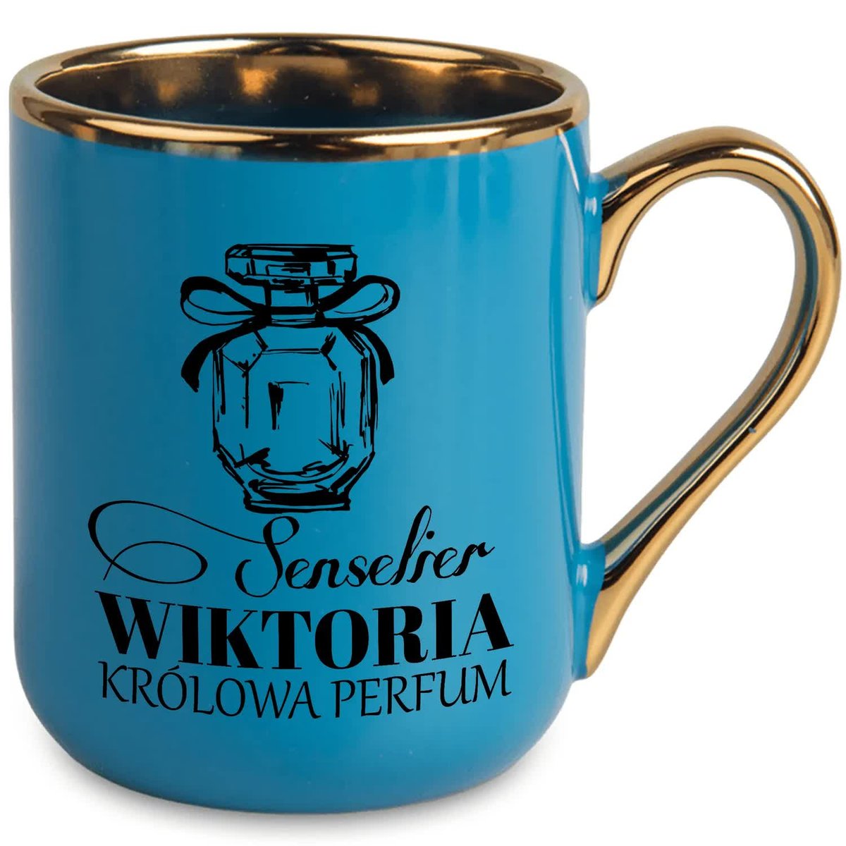 KUBEK 330 ML NIEBIESKI UCHO RANT ZŁOTY PREZENT DLA SENSELIERKI TWOJE IMIĘ