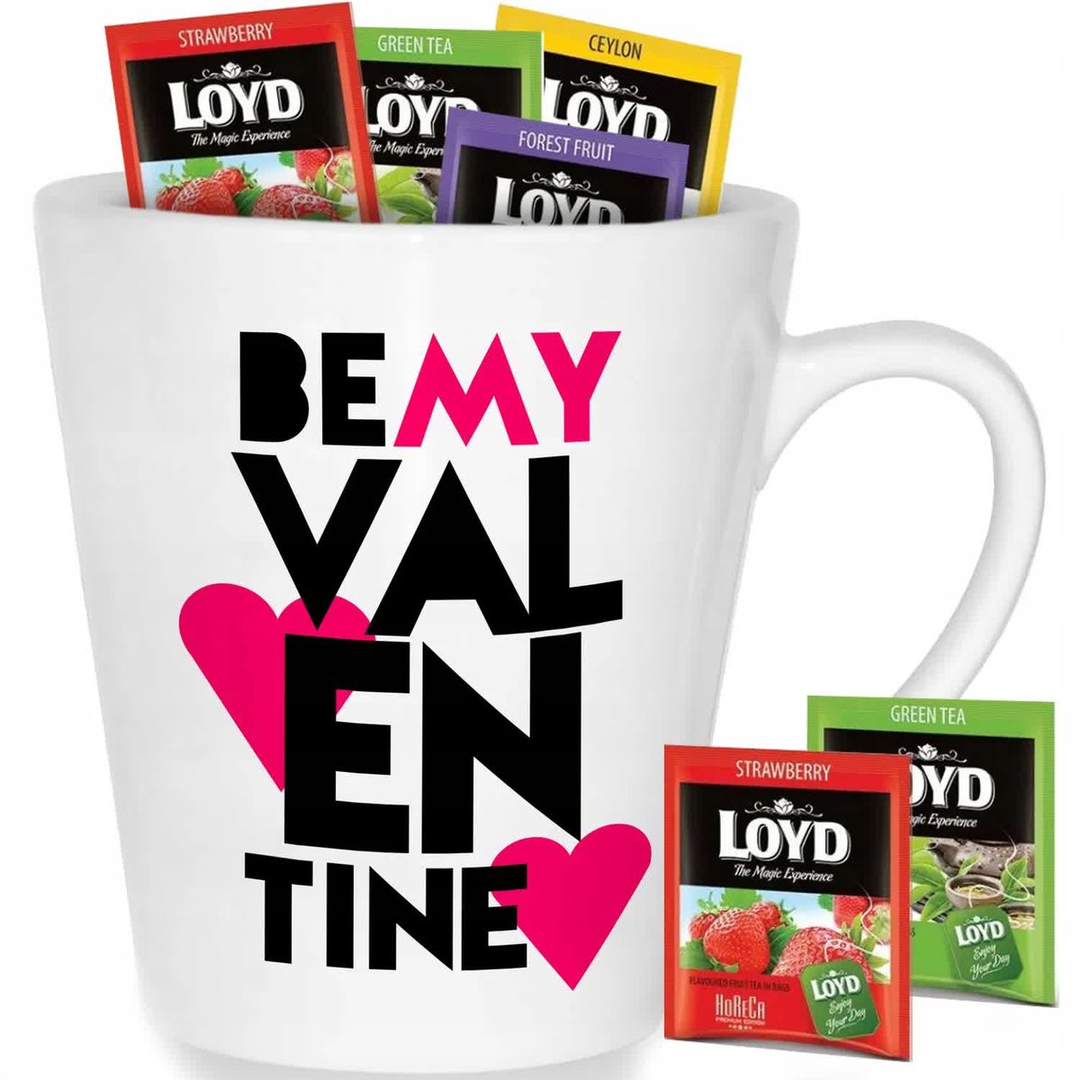 Kubek Biały Latte BE MY VALENTINE Na Prezent Wzory + 8 Herbat Loyd