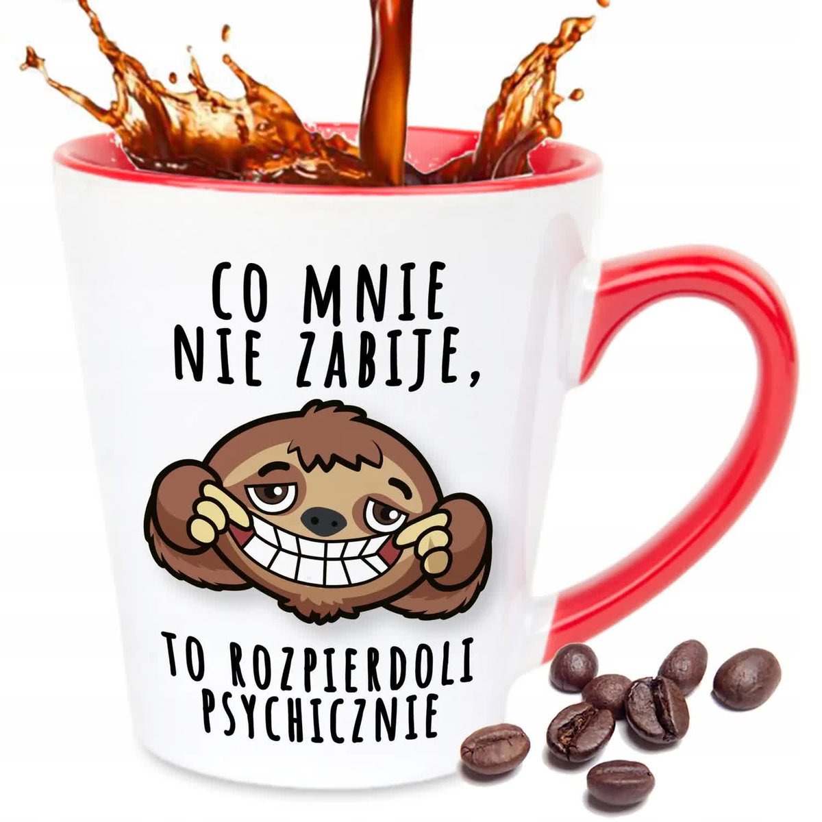 Kubek Latte Mały CZERWONY CO MNIE NIE ZABIJE ŚMIESZNE DO PRACY WIELE WZORÓW