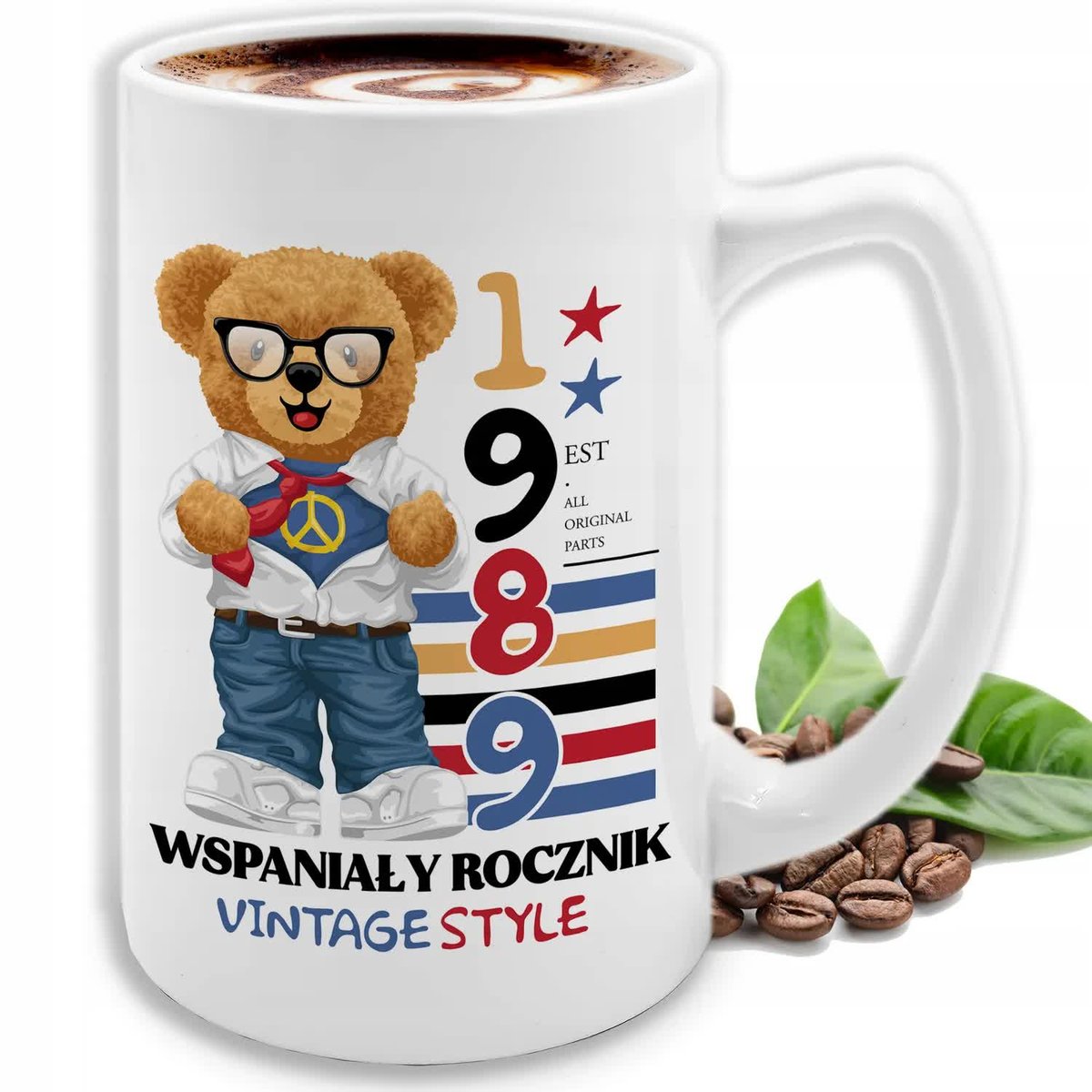 KUBEK DUŻY BIAŁY VINTAGE PREZENT PERSONALIZOWANY TWÓJ ROCZNIK RETRO MIŚ