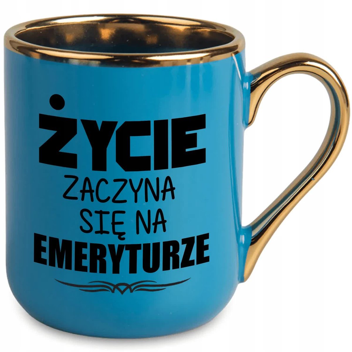 Kubek Niebieski Ucho Rant Złoty Prezent ŻYCIE ZACZYNA SIĘ NA EMERYTURZE Wz