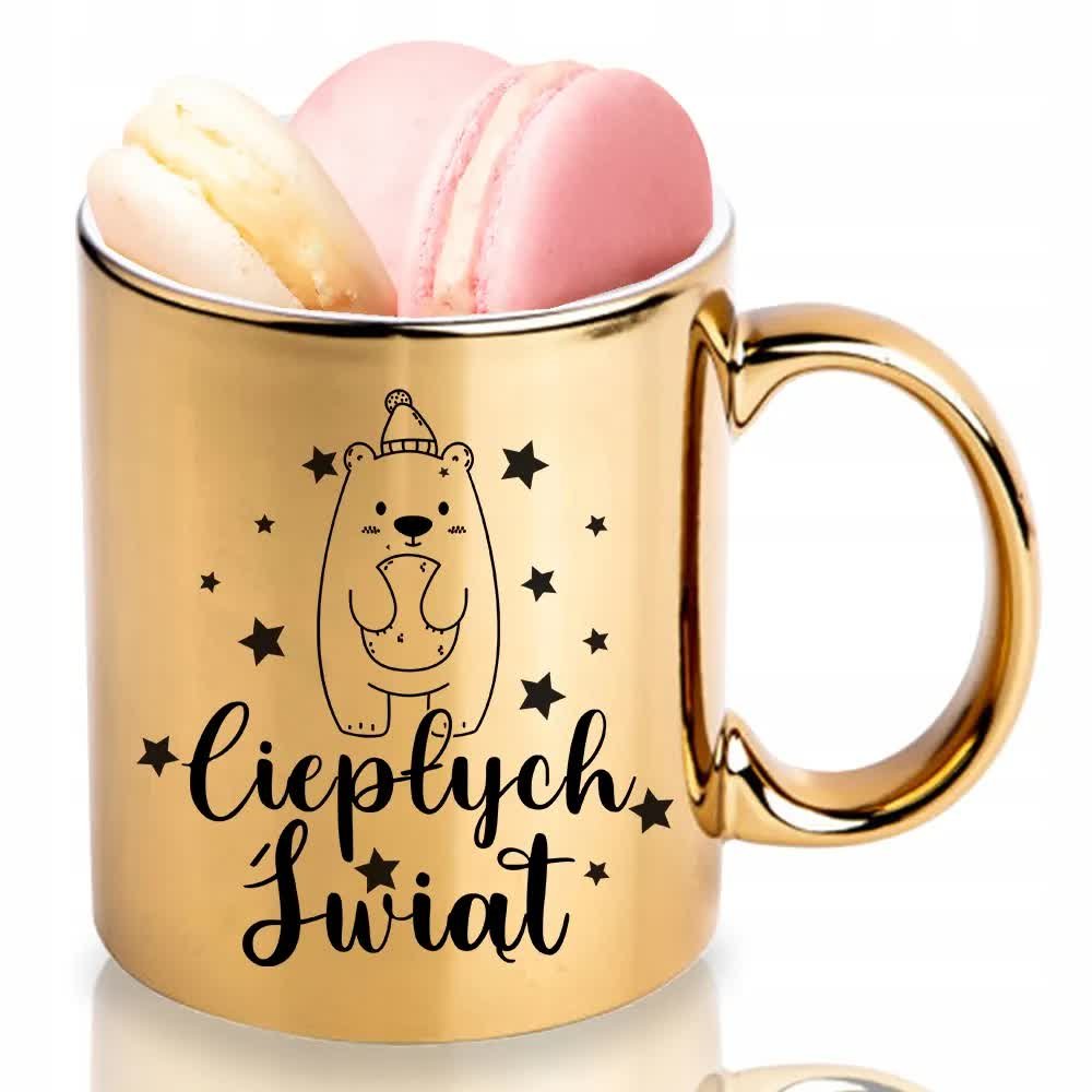 KUBEK ZŁOTY Na Prezent Urodziny Świąteczny Mikołajki CIEPŁYCH ŚWIĄT Wzory