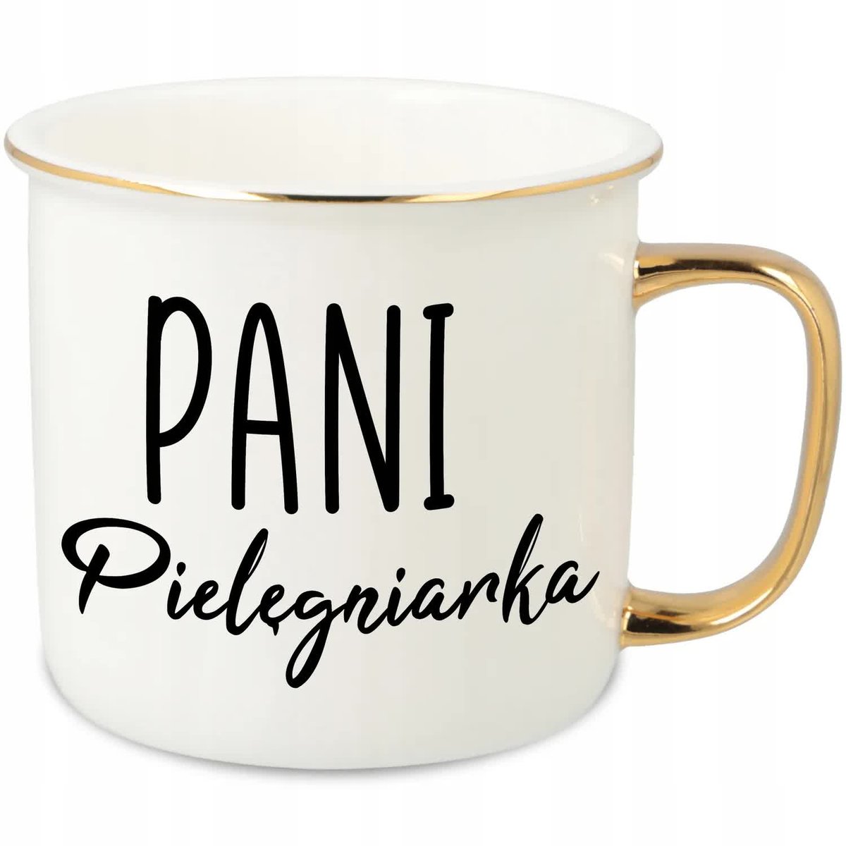 KUBEK UCHO RANT ZŁOTY PORCELANOWY RETRO PREZENT DLA PANI PIELĘGNIARKA WZ