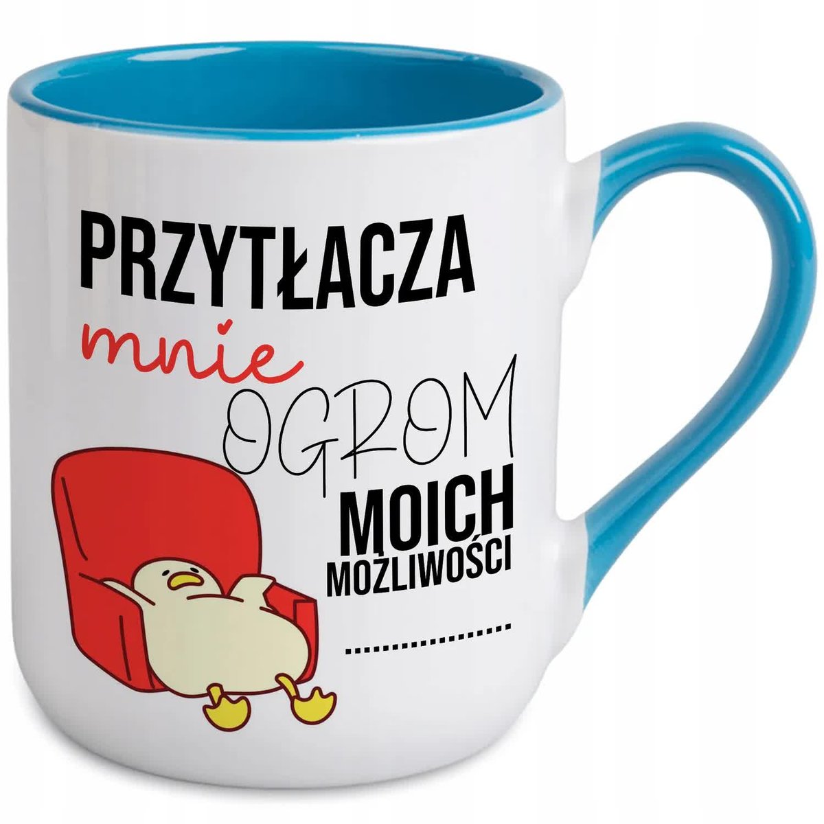 KUBEK NIEBIESKI COFFE PREZENT DO PRACY PRZYTŁACZA MNIE OGROM MOŻLIWOŚCI WZ