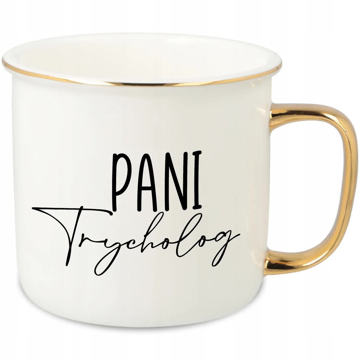 KUBEK UCHO RANT ZŁOTY PORCELANOWY RETRO PREZENT DLA PANI TRYCHOLOG WZORY