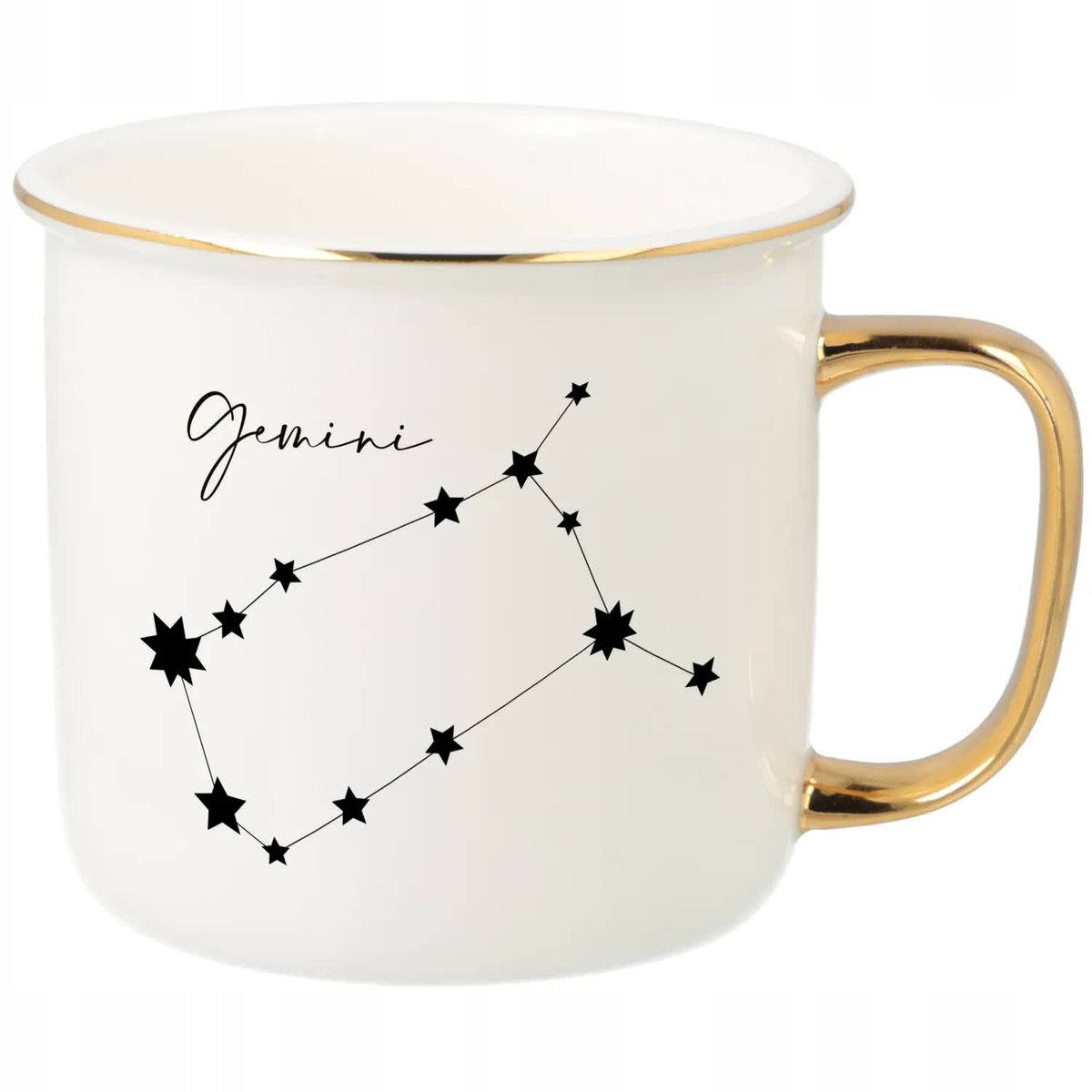 KUBEK UCHO RANT ZŁOTY PORCELANOWY RETRO PREZENT DLA ZODIAKARY GEMINI WZORY