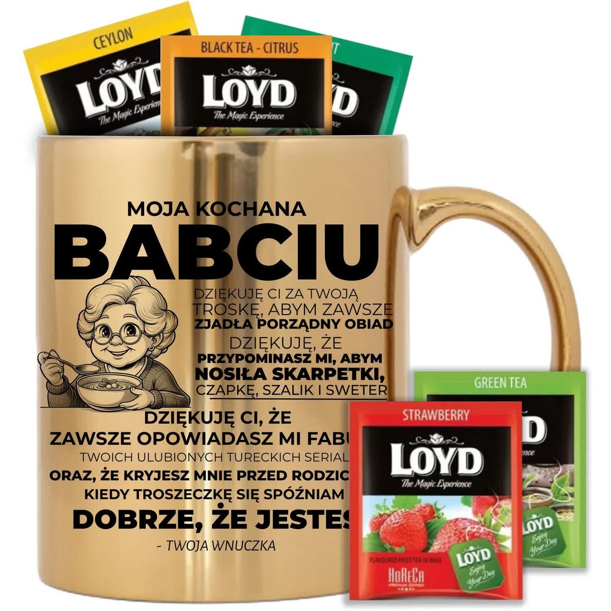 KUBEK ZŁOTY ZABAWNY PREZENT DLA BABCI OD WNUCZKI + HERBATA LOYD 8 SZT WZ