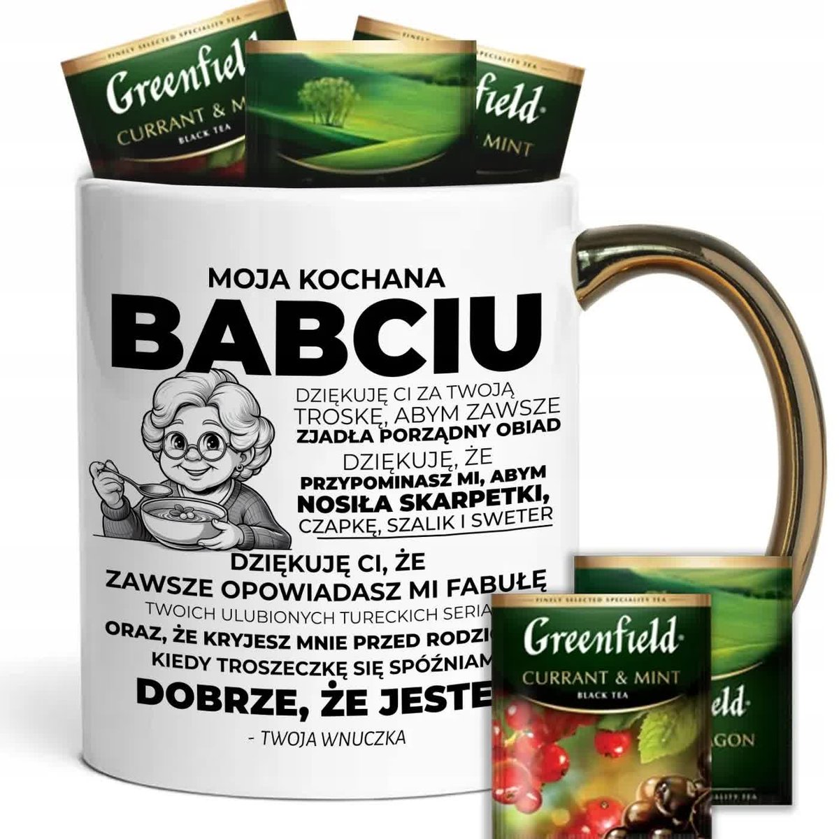 KUBEK ZŁOTY ZABAWNY PREZENT DLA BABCI OD WNUCZKI + HERBATA LOYD 8 SZT WZ