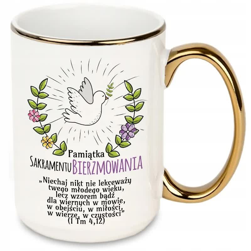 KUBEK XXL BIAŁY PREZENT PAMIĄTKA SAKRAMENTU BIERZMOWANIA BIBLIA CYTATY WZ