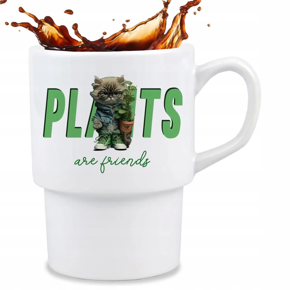 KUBEK BAROWY Biały Na Prezent Dla Miłośników Kotów PLANTS Are Friends Wzory