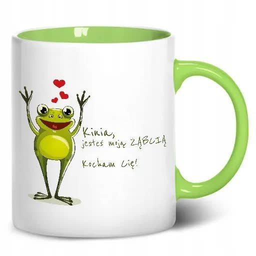 KUBEK Wnętrze Ucho ZIELONE wzór ŻABA 06 +IMIĘ