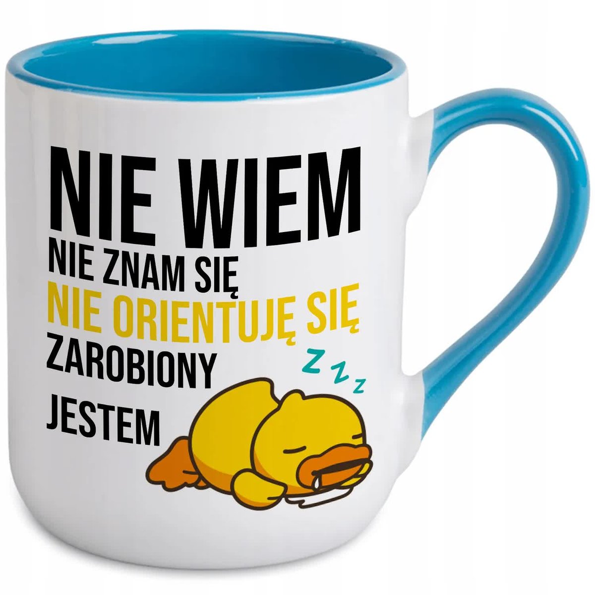 KUBEK NIEBIESKI COFFE PREZENT DO PRACY NIE WIEM NIE ZANM SIĘ URODZINY WZORY