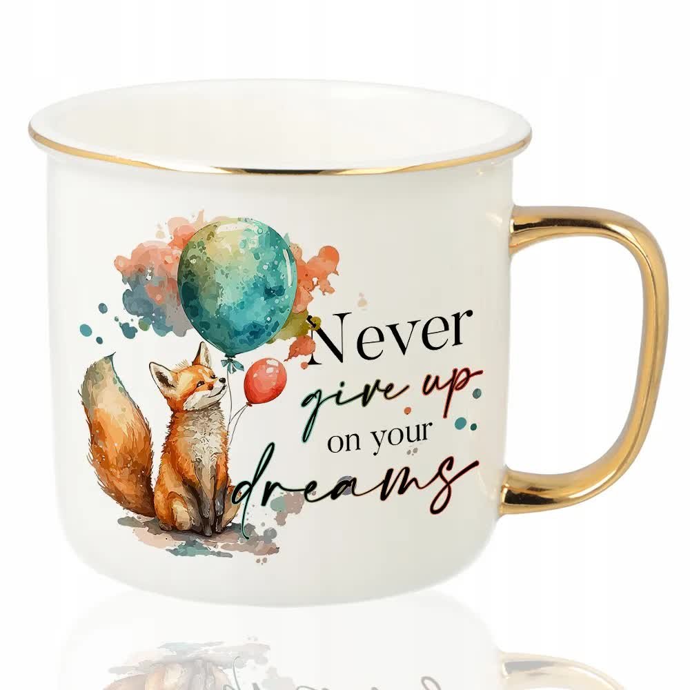 KUBEK RETRO Złoty Na Prezent Magiczne NEVER GIVE UP ON YOUR DREAMS Wzory